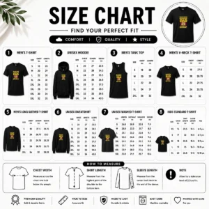 Size chart for Awesome Perfect Dungeon Crawler Dad shirt with measurements in inches and cm