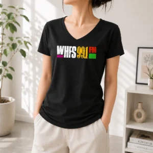 Funny Awesome WHFS 99.1 FM V Neck Shirt in charcoal gray, showing front print and short sleeves