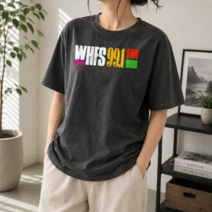Funny Awesome WHFS 99.1 FM printed on a soft washed t shirt in faded black color