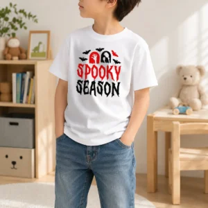 Hot Spooky Season Halloween Bats Witch Broom Zombie Kids T-Shirt