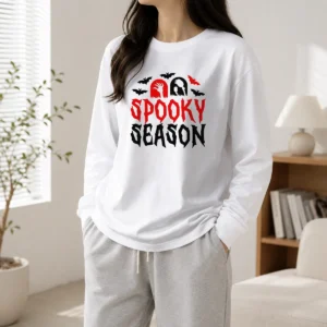 Hot Spooky Season Halloween Bats Witch Broom Zombie Long Sleeve Shirt