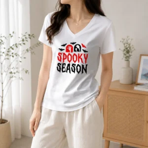 Hot Spooky Season Halloween Bats Witch Broom Zombie V-Neck Shirt