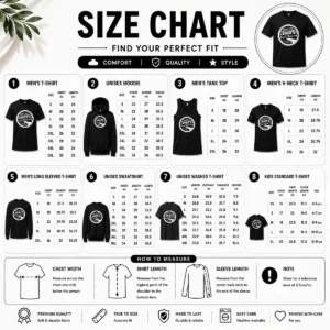 Size chart for Awesome Barb'S Pool Cleaning Since 1983 with measurements in inches and cm to help choose the right fit