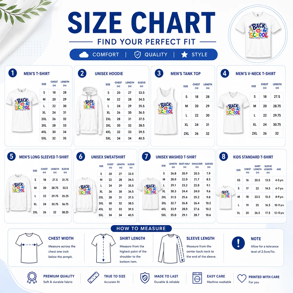 Awesome Distressed Grunge Back To School Red Blue Size Chart Size chart for Awesome Distressed Grunge Back To School Red Blue with measurements in inches and cm to help choose the right fit