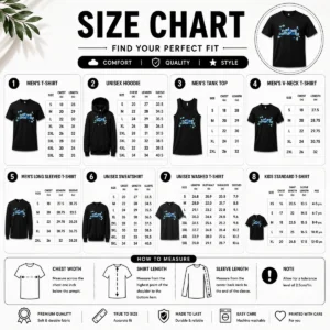 Size chart for Happy Awesome Hunter Roady Map To University with measurements in inches and cm to help choose the right fit