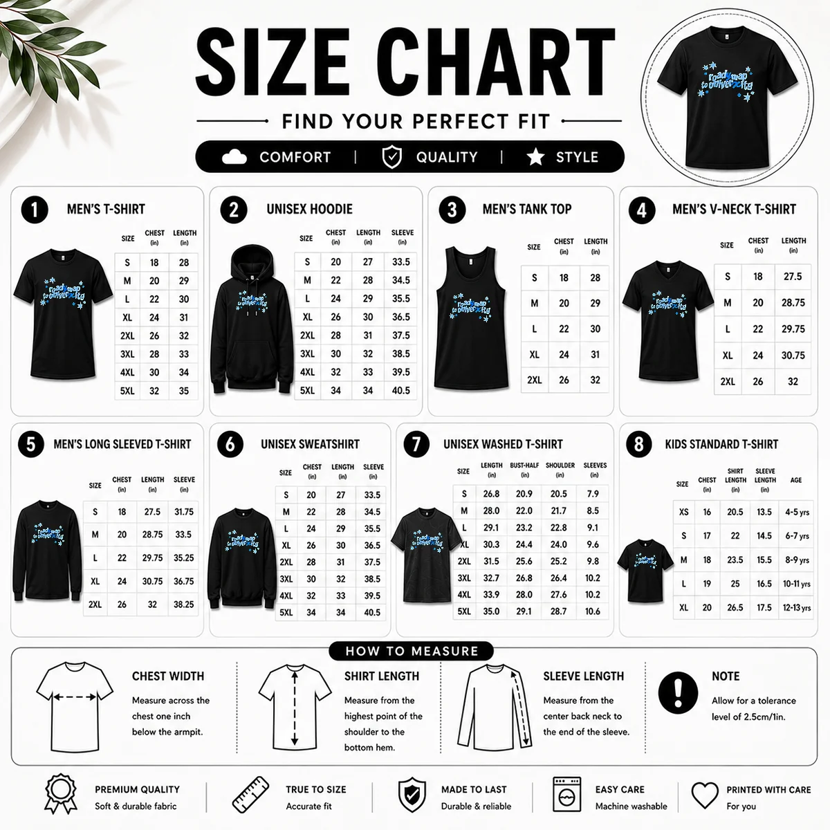 Happy Awesome Hunter Roady Map To University Size Chart Size chart for Happy Awesome Hunter Roady Map To University with measurements in inches and cm to help choose the right fit