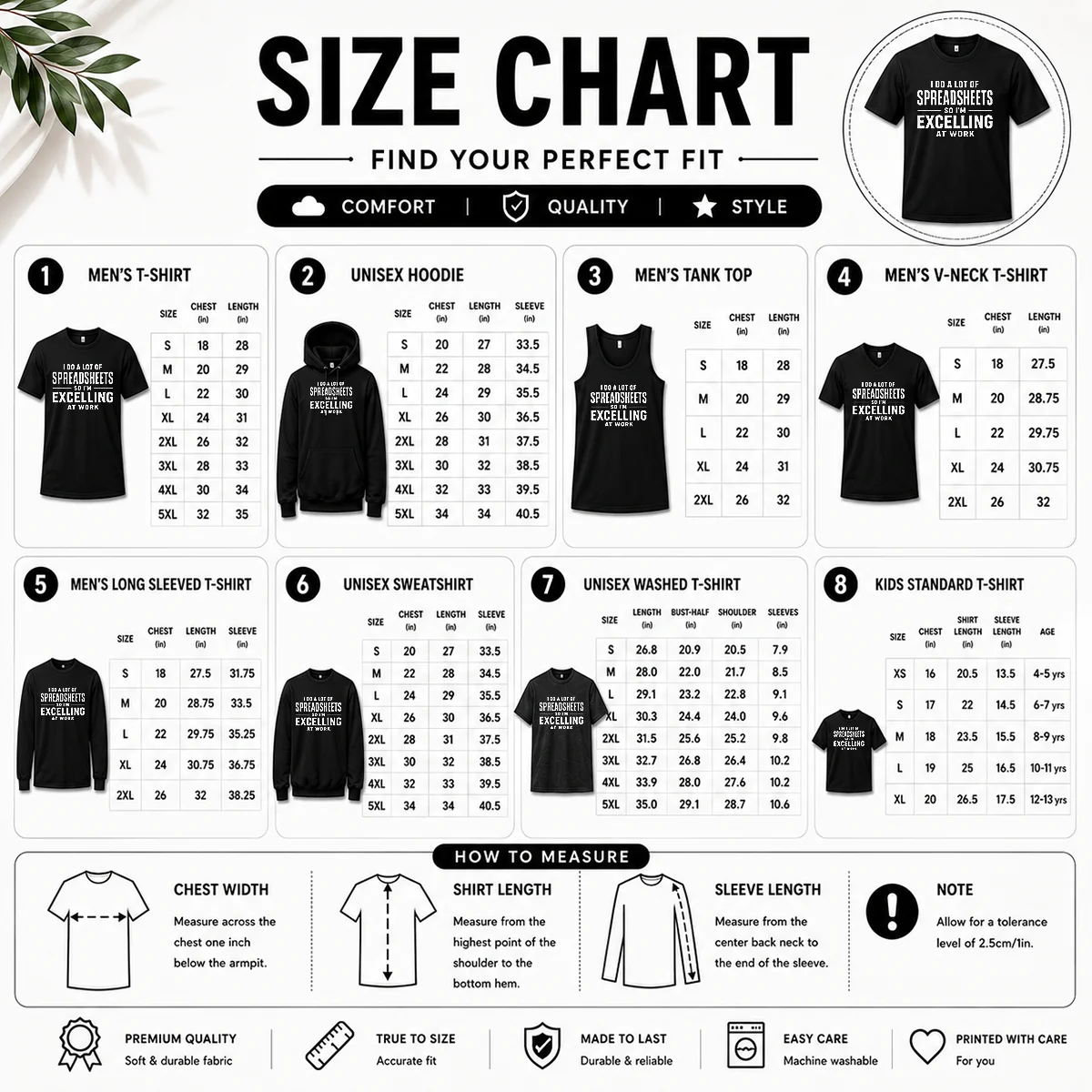 Hot Awesome I Do A Lot Of Spreadsheets So I'M Excelling At Work Geek Size Chart Size chart for Hot Awesome I Do A Lot Of Spreadsheets So I'M Excelling At Work Geek with measurements in inches and cm to help choose the right fit