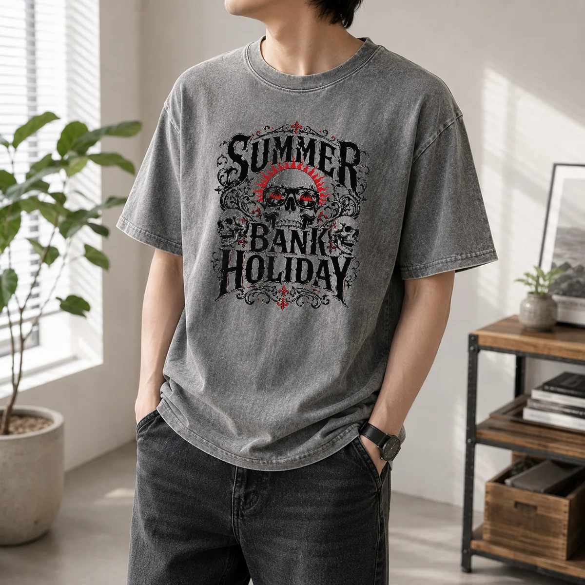 Hot Gothic Skull Sunglasses Summer Bank Holiday Washed T-Shirt