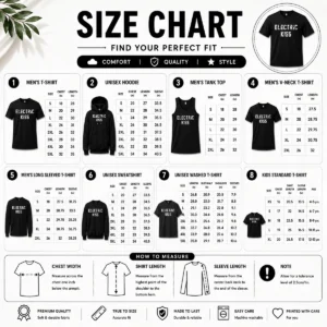 Size chart for Nice Awesome Jennie Blackpink Electric Kiss with measurements in inches and cm to help choose the right fit