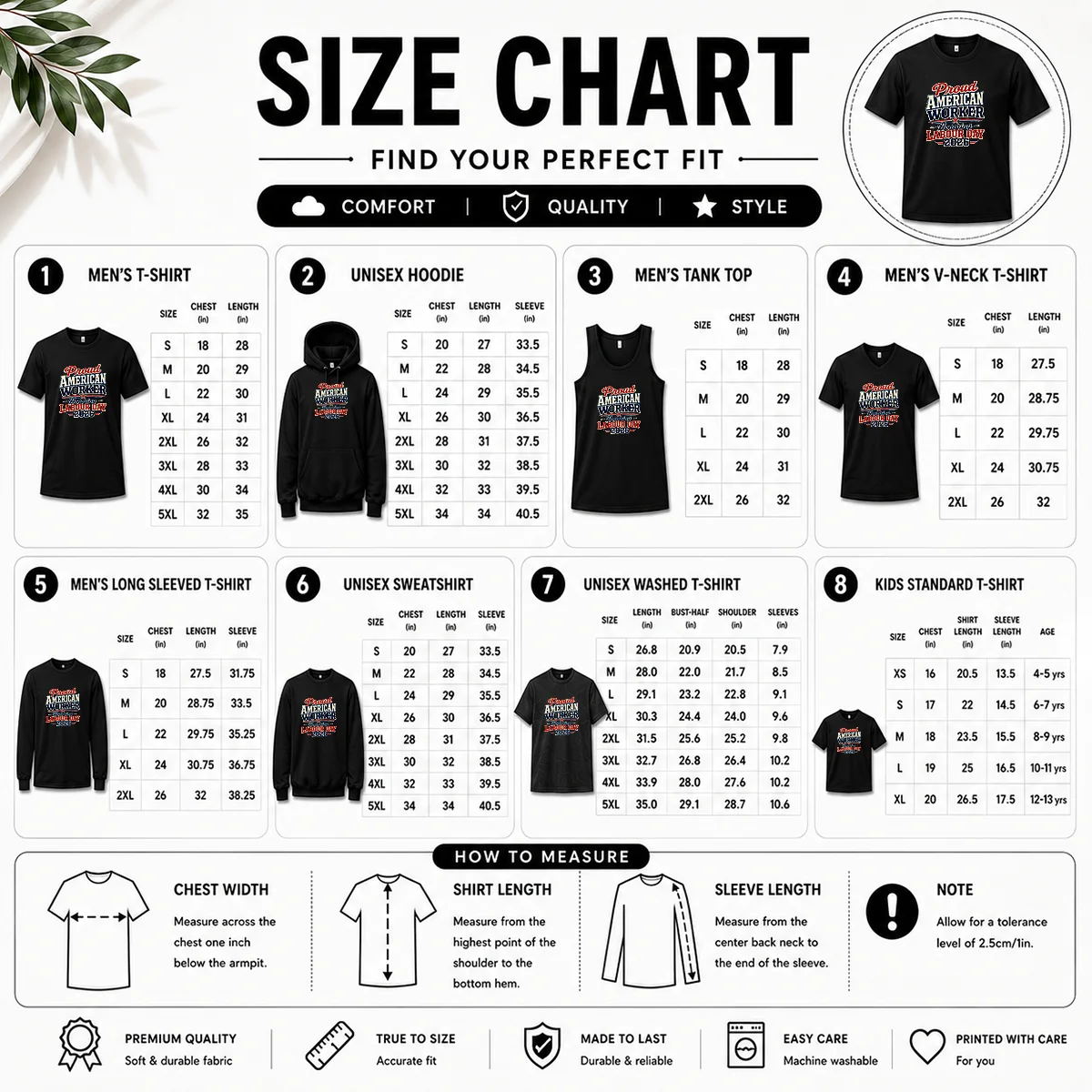 Nice Awesome Labour Day 2026 Proud American Worker Vintage Size Chart Size chart for Nice Awesome Labour Day 2026 Proud American Worker Vintage with measurements in inches and cm to help choose the right fit
