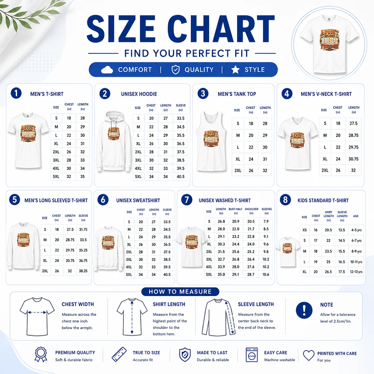Nice Hot August Holiday Western Ride Into Freedom Size Chart Size chart for Nice Hot August Holiday Western Ride Into Freedom with measurements in inches and cm to help choose the right fit
