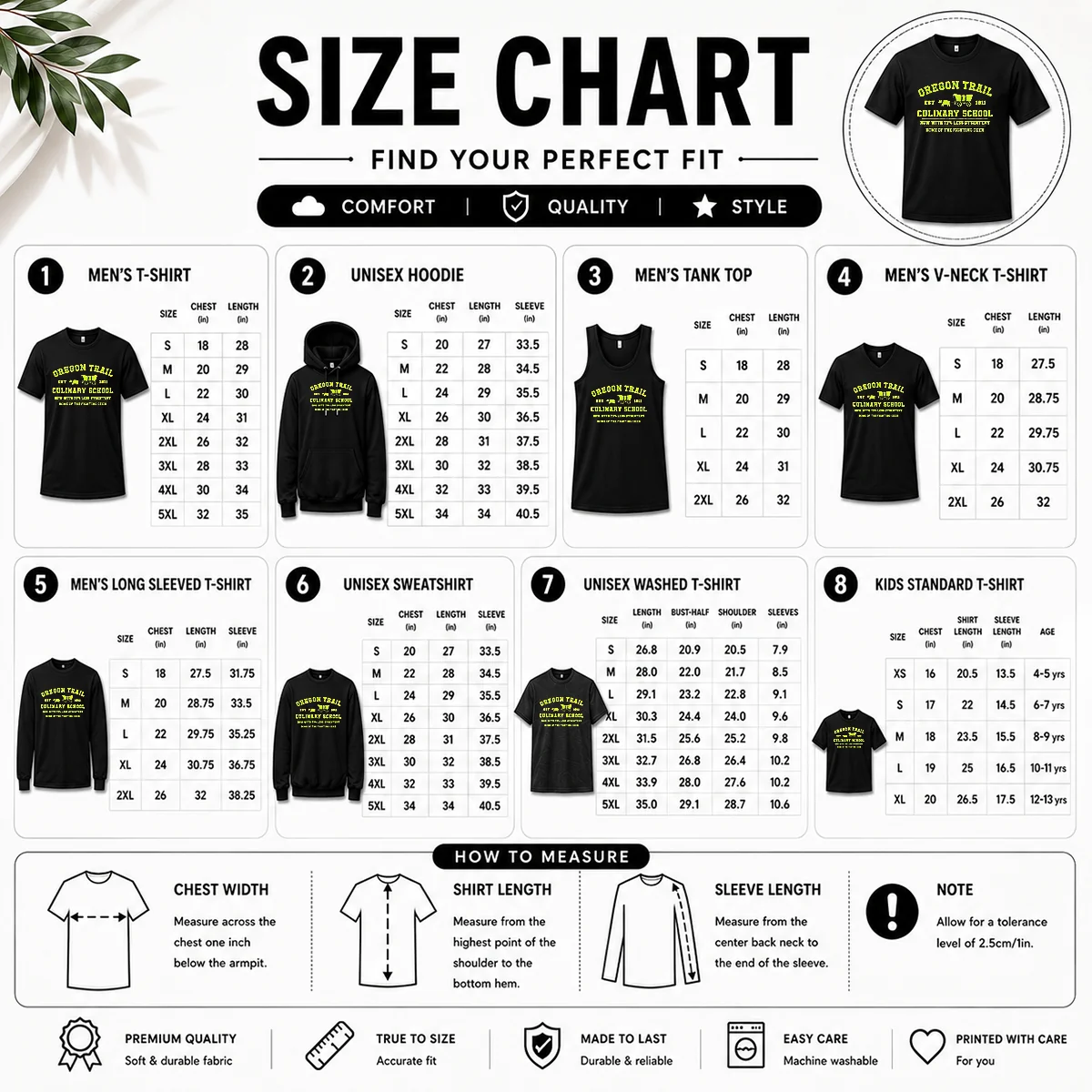 Nice Premium Oregon Trail Culinary School Now With 73 Percent Less Dysentery Size Chart Size chart for Nice Premium Oregon Trail Culinary School Now With 73 Percent Less Dysentery with measurements in inches and cm to help choose the right fit