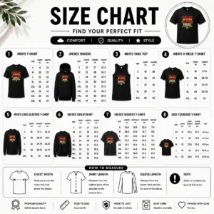 Size chart for Nice Spain Soccer Cat Meme Champion Pixel with measurements in inches and cm to help choose the right fit