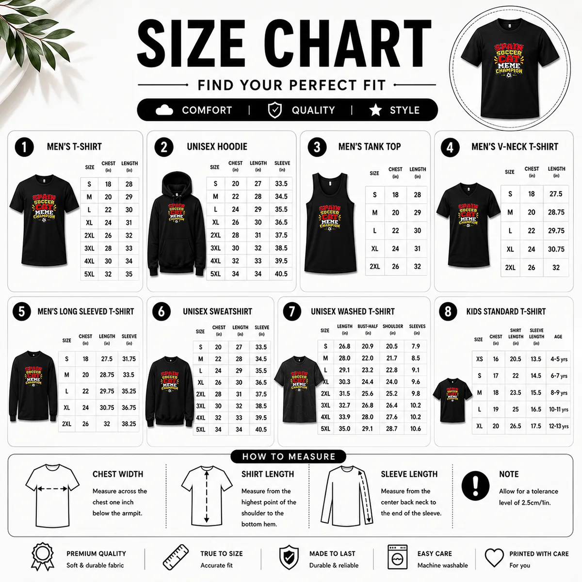 Nice Spain Soccer Cat Meme Champion Pixel Size Chart Size chart for Nice Spain Soccer Cat Meme Champion Pixel with measurements in inches and cm to help choose the right fit
