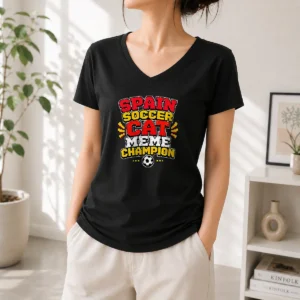 Nice Spain Soccer Cat Meme Champion Pixel V-Neck Shirt