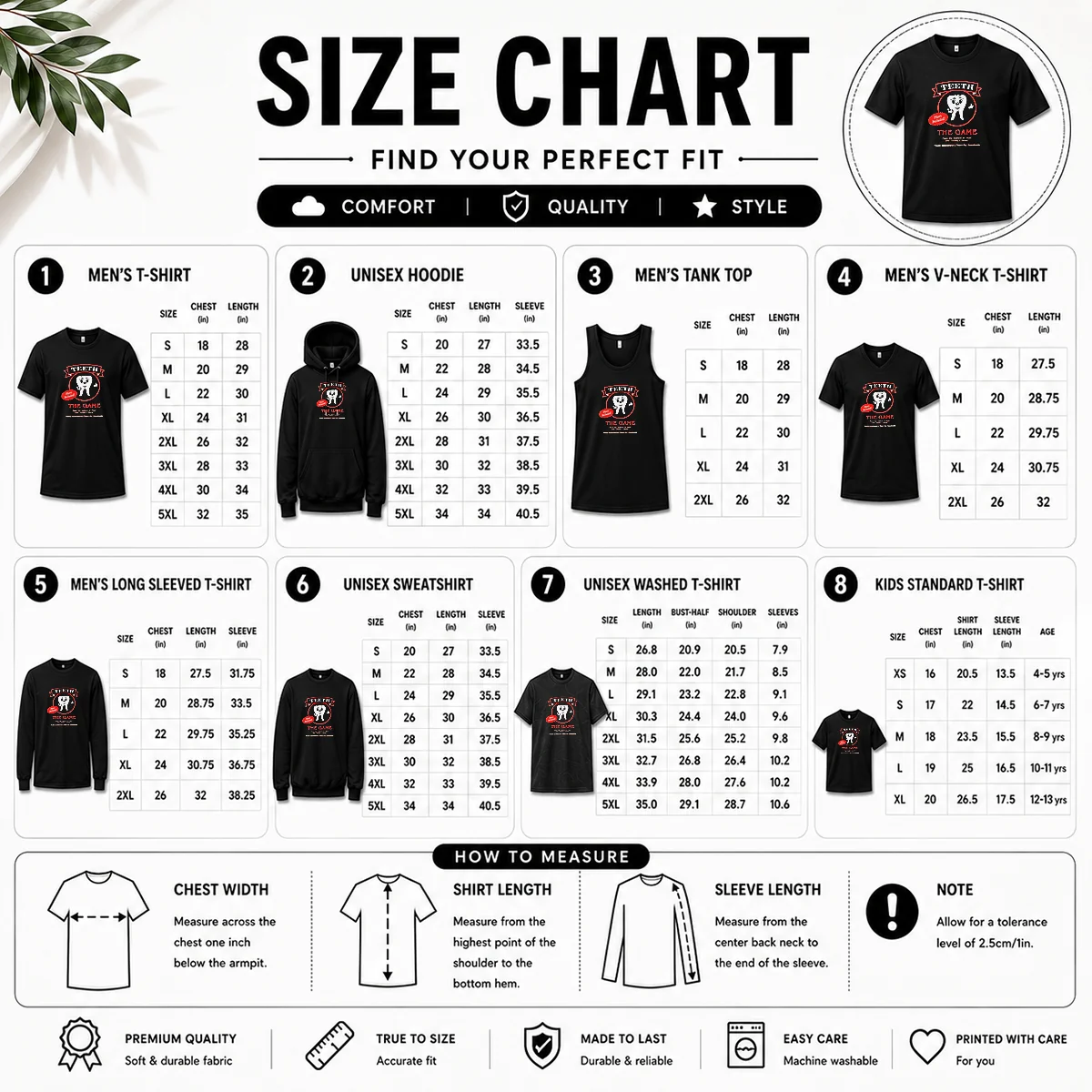 Nice Top Teeth The Game Pliers Included Horror Movie Parody Size Chart Size chart for Nice Top Teeth The Game Pliers Included Horror Movie Parody with measurements in inches and cm to help choose the right fit