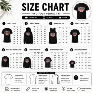 Size chart for Official Hutchinson Hawks Cheer Maroon Glitter with measurements in inches and cm to help choose the right fit