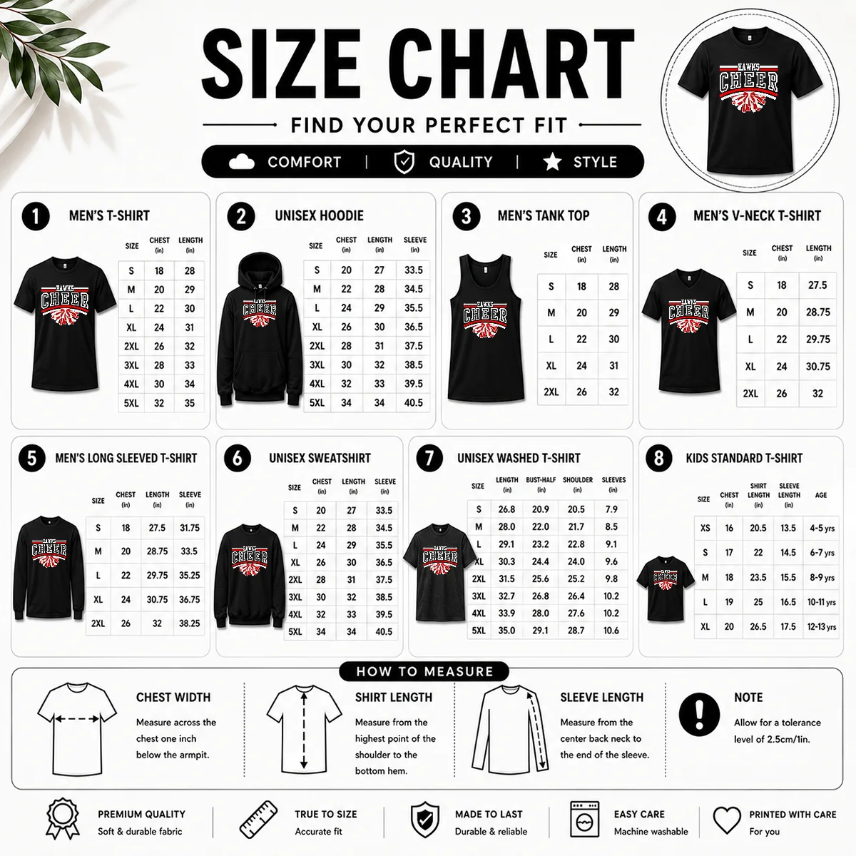 Official Hutchinson Hawks Cheer Maroon Glitter Size Chart Size chart for Official Hutchinson Hawks Cheer Maroon Glitter with measurements in inches and cm to help choose the right fit
