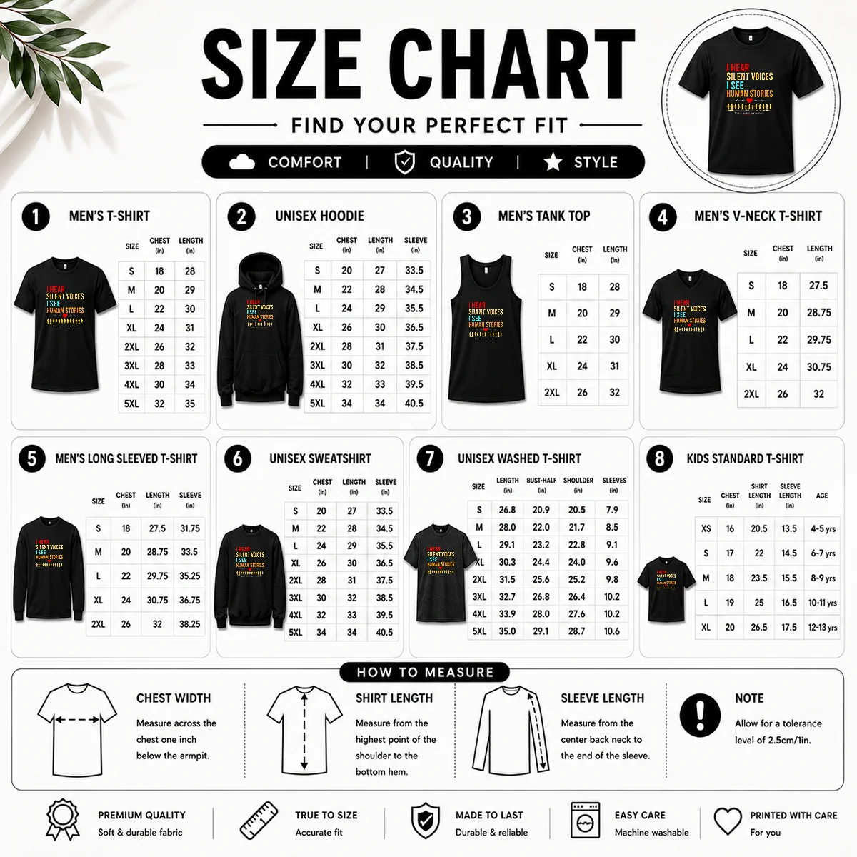 Official I Hear Silent Voices I See Human Stories Every Person Has A Story Size Chart Size chart for Official I Hear Silent Voices I See Human Stories Every Person Has A Story with measurements in inches and cm to help choose the right fit