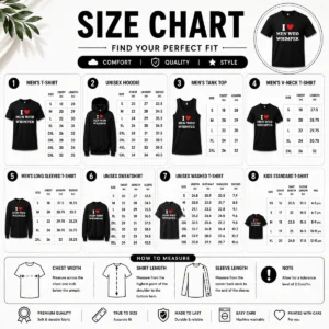 Size chart for Original I Love Men WHO Whimper Sarcastic Relationship with measurements in inches and cm to help choose the right fit