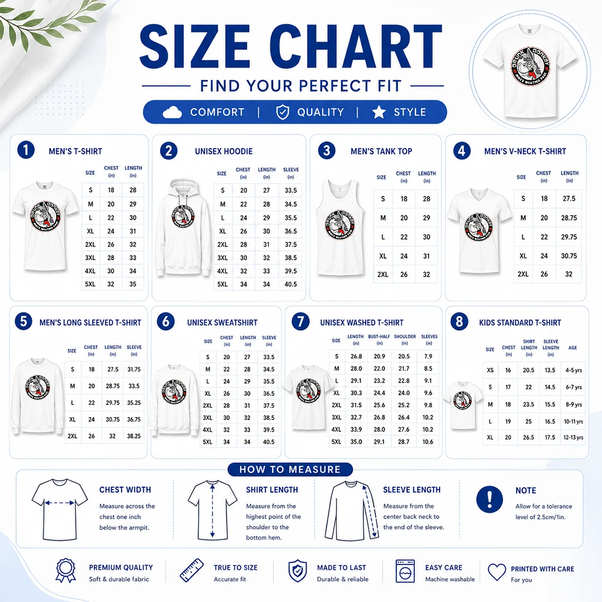 Premium Drunk Donkey Mike'S Weather Page Size Chart Size chart for Premium Drunk Donkey Mike'S Weather Page with measurements in inches and cm to help choose the right fit