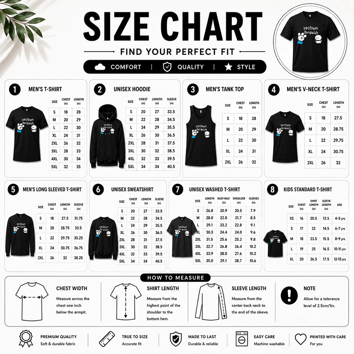 Premium Icecream Sandwich Characters Youtube Animation Size Chart Size chart for Premium Icecream Sandwich Characters Youtube Animation with measurements in inches and cm to help choose the right fit