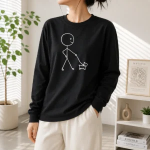 Pretty Stick Figure Walking A Dog Minimalist Line Art Long Sleeve Shirt