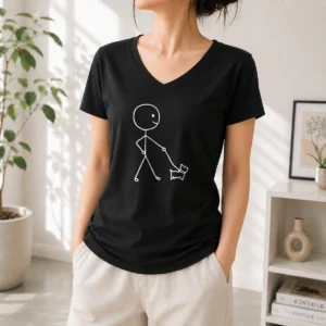 Pretty Stick Figure Walking A Dog Minimalist Line Art V-Neck Shirt