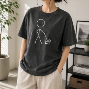 Pretty Stick Figure Walking A Dog Minimalist Line Art Washed T-Shirt